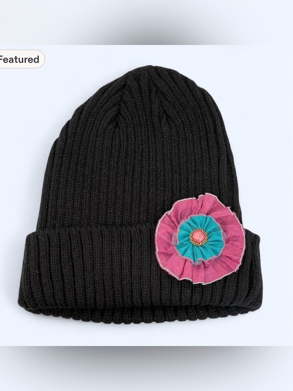 Black Knit Beanie with Flower